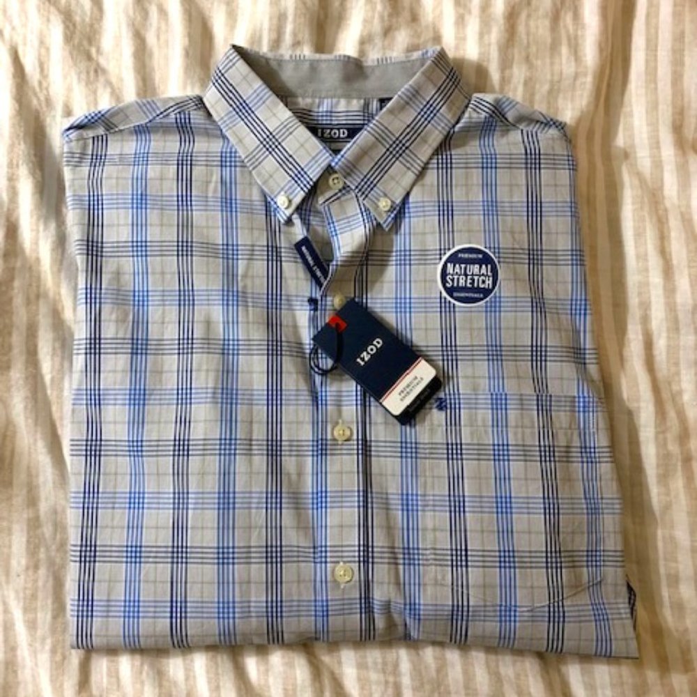 NWT Izod Men's Premium Essentials Cotton Poplin Long-Sleeve Button-Up Shirt, L